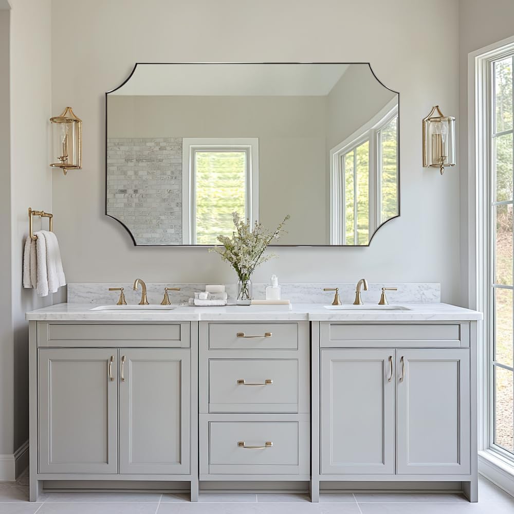ANDY STAR Brushed Nickel Mirror 30x48 Inch, Large Scalloped Bathroom Mirror, Anti-Rust Stainless Steel Metal Thin Frame Deep 1’’, Unique Rectangle Mirror Hangs Vertically or Horizontally