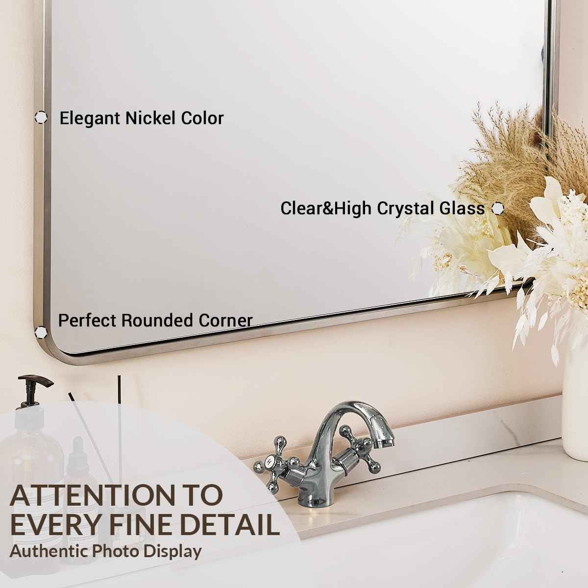 ANDY STAR 48x32 Inch Brushed Nickel Bathroom Mirror, Rounded Rectangle Bathroom Vanity Mirrors for Wall, Anti-Rust SUS304, Seamless Tube Metal Frame, 1’’ Deep Wall Mounted Vertically/Horizontal