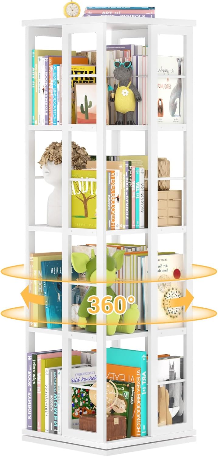 Aheaplus Rotating Bookshelf, 4-Tier Corner Bookshelf, 360 Display Wood Spinning Bookshelf, Floor Standing Bookcase Narrow Shelf Revolving Organizer Storage Rack for Small Space, Study Room, White