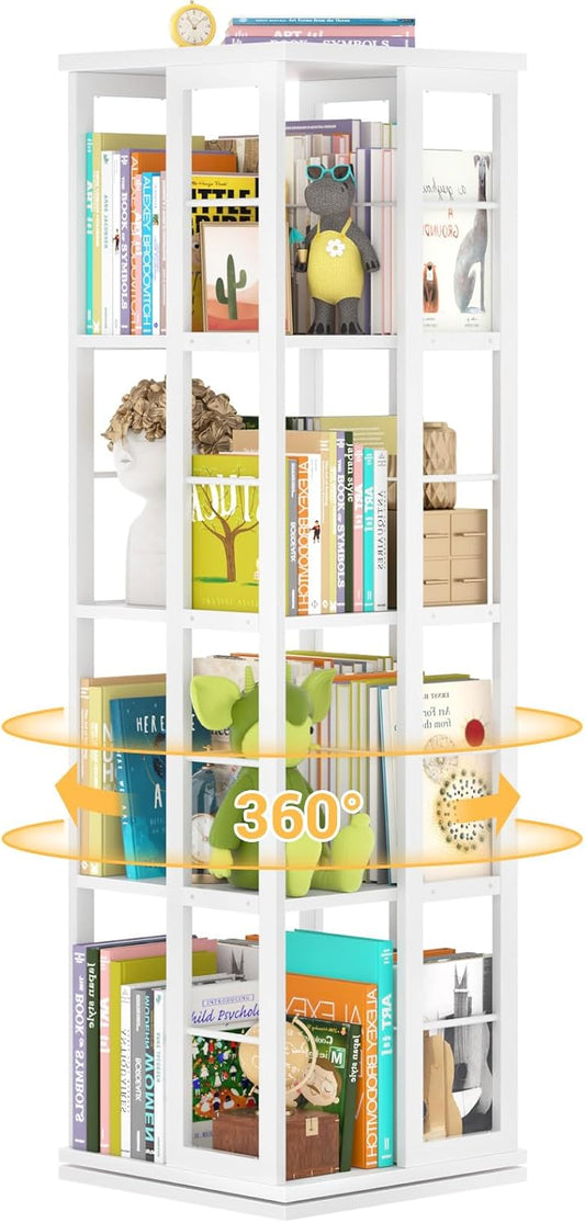 Aheaplus Rotating Bookshelf, 4-Tier Corner Bookshelf, 360 Display Wood Spinning Bookshelf, Floor Standing Bookcase Narrow Shelf Revolving Organizer Storage Rack for Small Space, Study Room, White