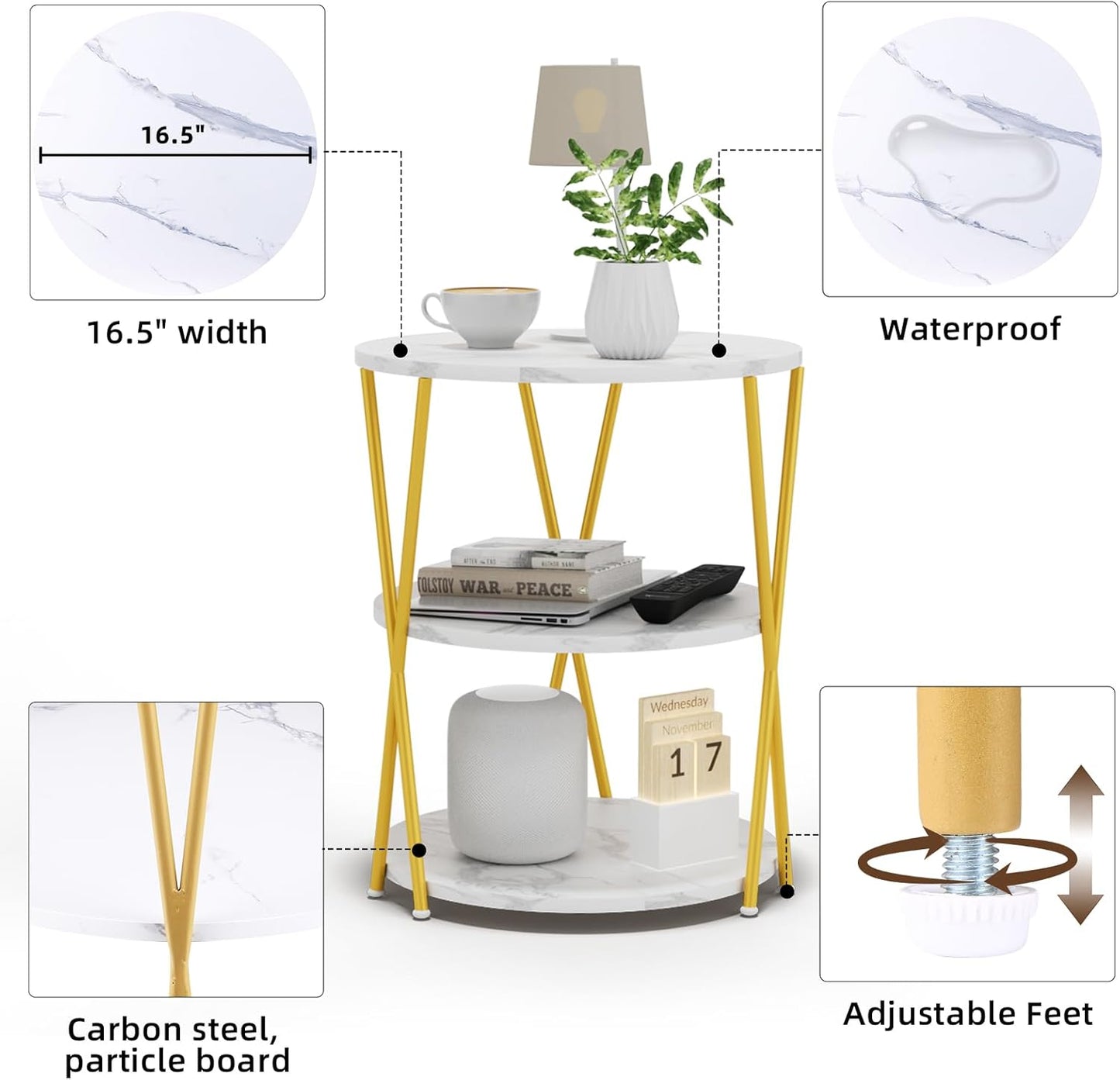 Big Side Table, 3-Tier Large Size Round End Table with X-Leg Design, Nightstand Bedside Table for Living Room, Bedroom, Drink Table Coffee Table for Patio, Indoor Outdoor Use, 16.5''x16.5''x22.8''