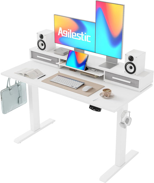 Agilestic 48 Inch Electric Standing Desk with Drawers, Adjustable Desk with Storage Shelf, Stand Up Home Office Computer Table, Splice Board, White