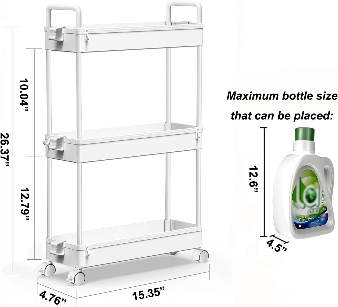 SOLEJAZZ Slim Rolling Storage Cart with Wheels 3 Tier Skinny Bathroom Storage Organizer Thin Laundry Room Utility Cart Space-Saving for Bedside Kitchen Office Small Narrow Places, White