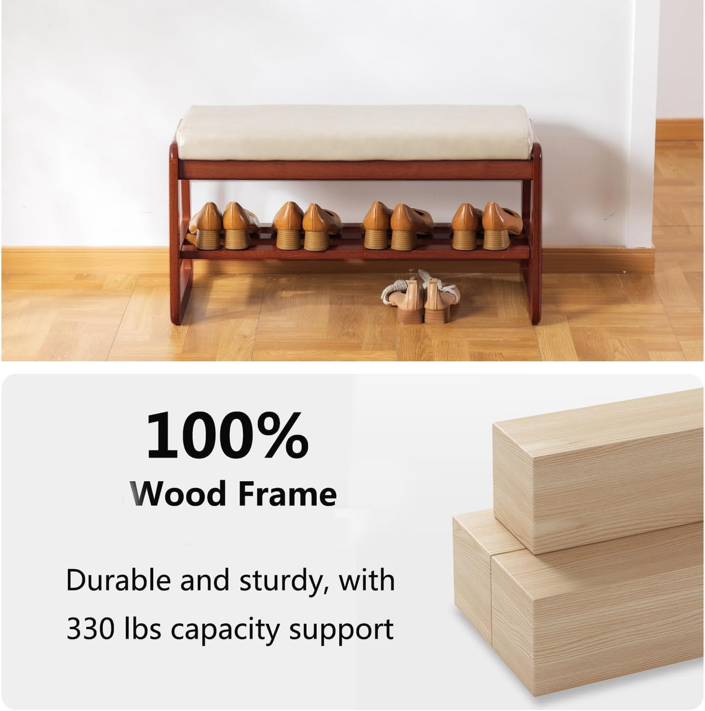 Solid Wood Shoe Bench, 2-Tier Wooden Entryway Bench, Modern Shoe Rack with Faux Leather Cushion for Hallway, Living Room (Gray, 31.5'')