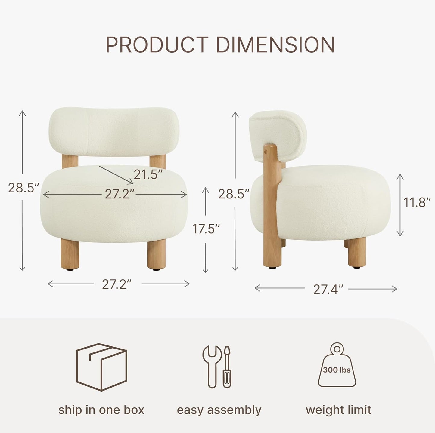 Modern Boucle Accent Chair, with Plush Faux Sherpa Upholstery, Curved Backrest, Solid Wood Legs for Living Room Bedroom Reading Nook, 27.5", White