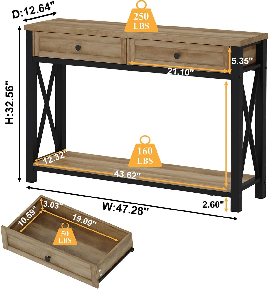 BON AUGURE Entryway Table with Drawers, Sofa Table with Storage, Couch Tables Behind Sofa for Living Room, Foyer Tables for Hallway, Entry, Front Door (Vintage Oak, 47 Inch)