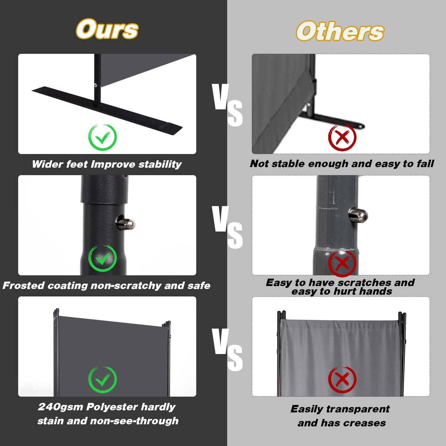 Room Divider, 6 Panel Folding Privacy Screens with Wider Support Feet, 6 Ft Portable Room Partition for Room Separator, 132" W X 71" H, Grey