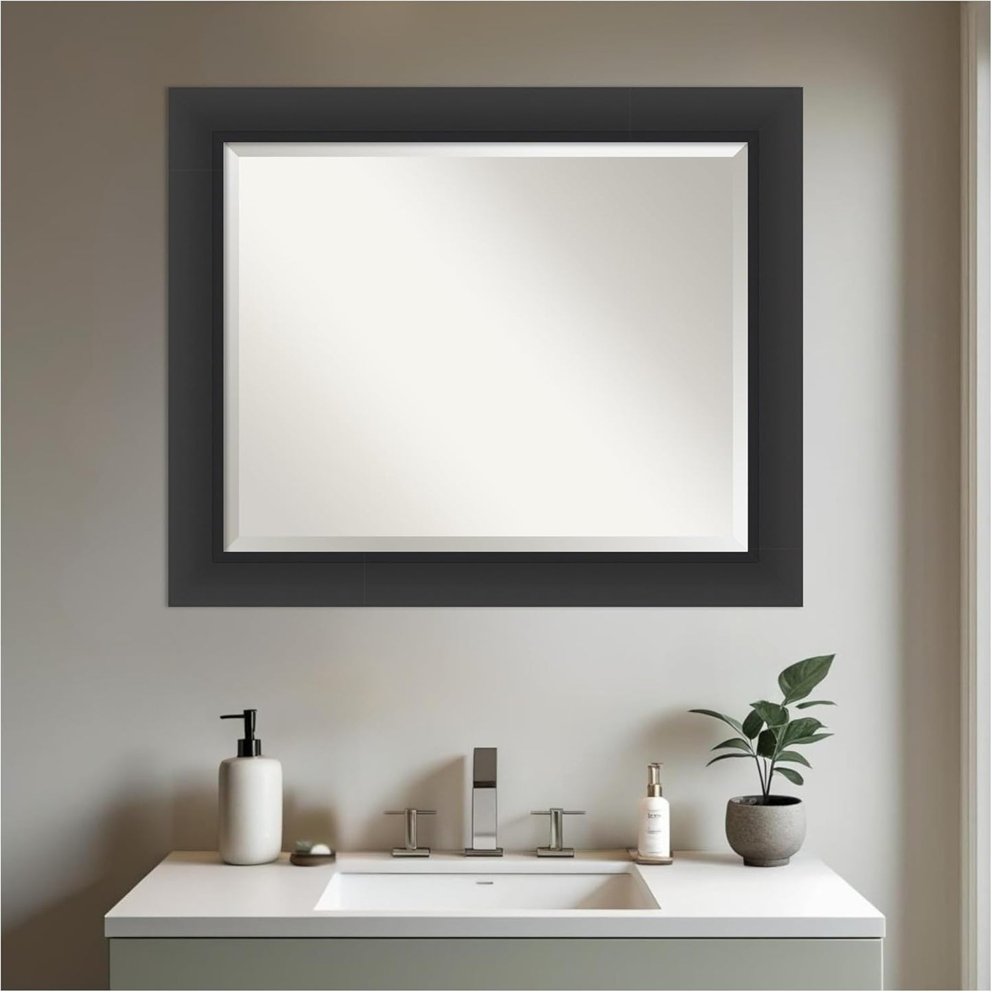 Amanti Art Black Bathroom Mirror for Over Sink, 28x34 Sloped Black Rectangle Vanity Mirror, Large Modern Contemporary Frame, Hangs Horizonally and Vertically, Bathroom Wall Decor, Beveled Edge