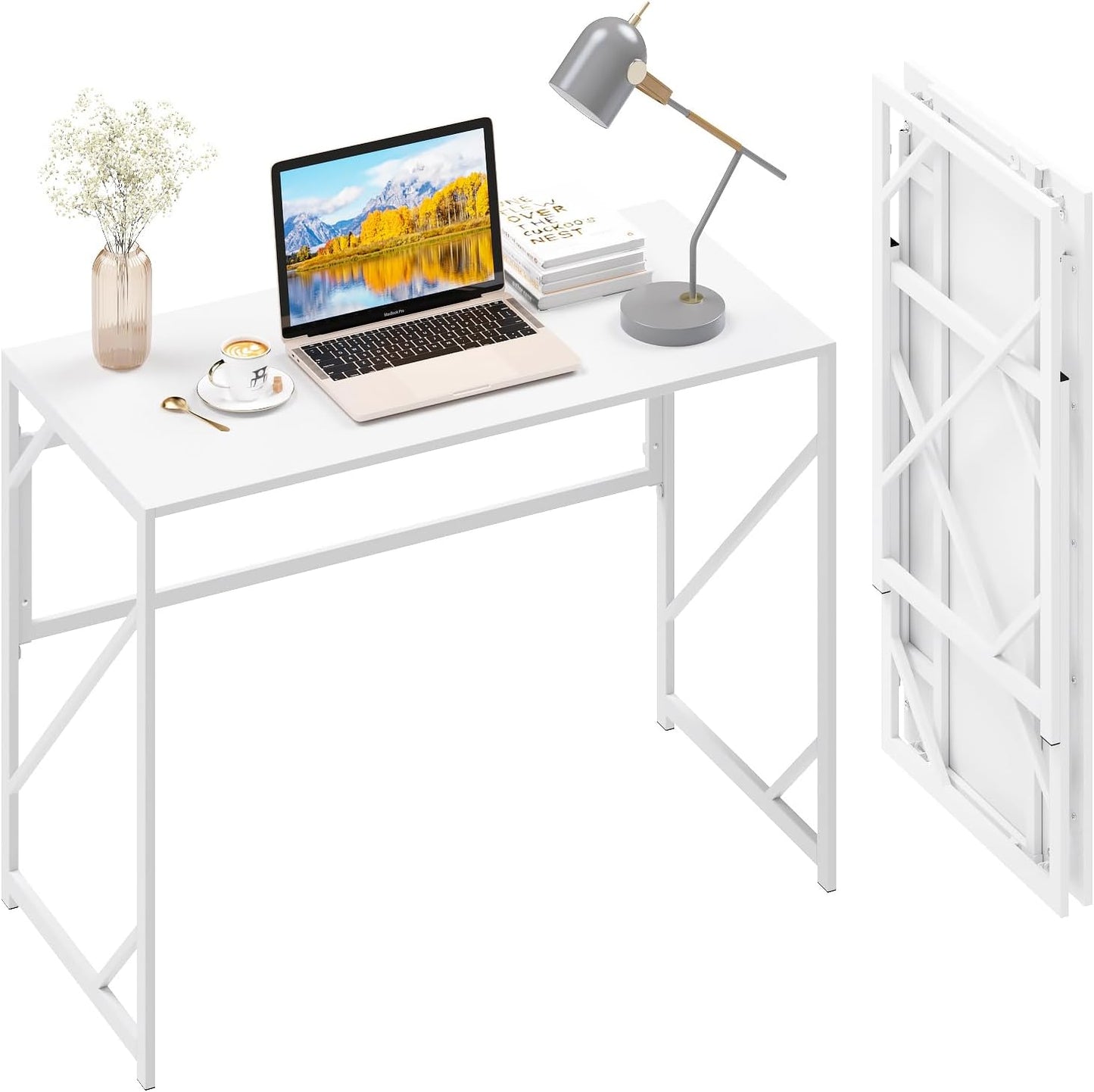 Elephance Folding Desk Writing Computer Desk for Home Office, No-Assembly Study Office Desk Foldable Table for Small Spaces