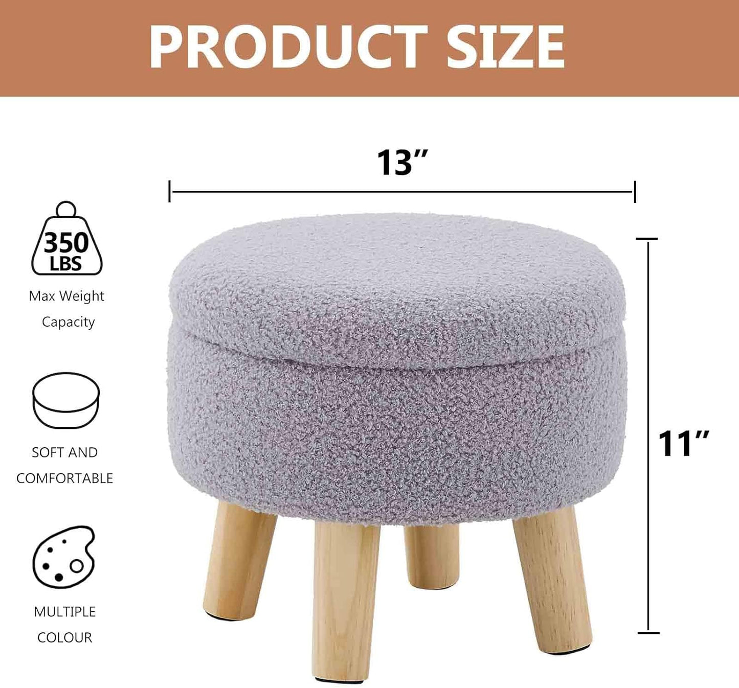 Wimarsbon Storage Ottoman, Modern Round Footrest with Soft Padded Seat, Teddy Velvet Footstool with Wood Legs, Accent Small Table or Plant Stand for Hallway, Living Room (Grey)