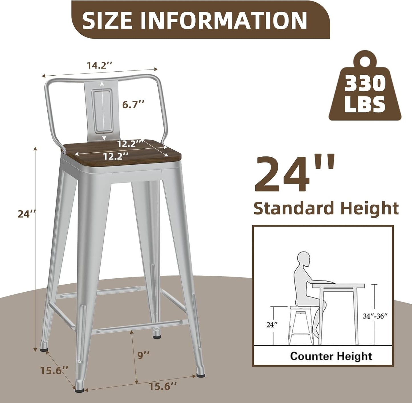 24 Inch Swivel Bar Stools Set of 4, Counter Height Bar Stools with Low Back, Metal Industrial Bar Chairs for Kitchen Island (Silver)