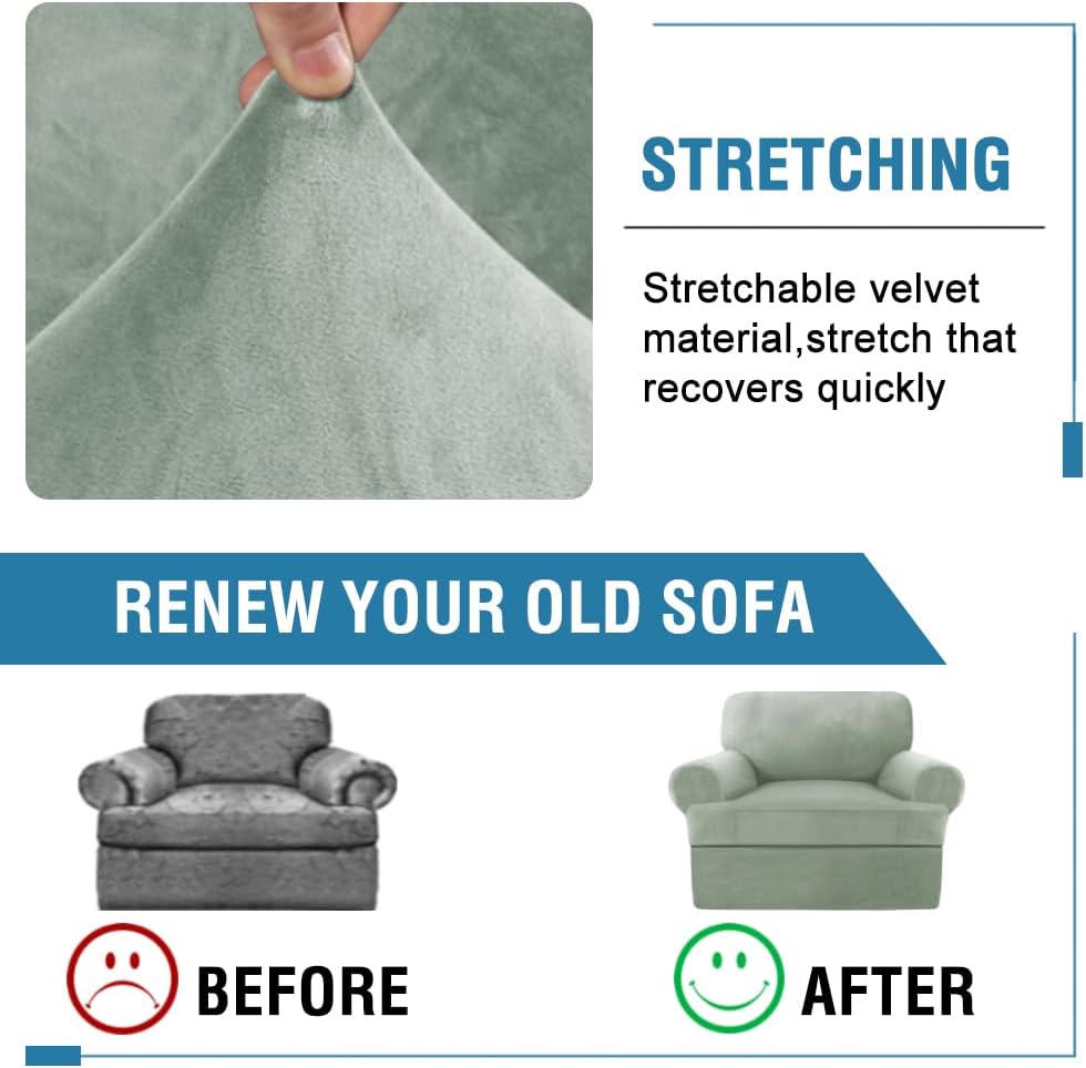 H.VERSAILTEX Sofa Cover 2 Piece T Cushion Armchair Slipcovers Thick Velvet Couch Cover Stretch T Cushion Sofa Covers for 1 Cushion Couch with 1 Individual T Cushion Covers Washable, Sea Grass