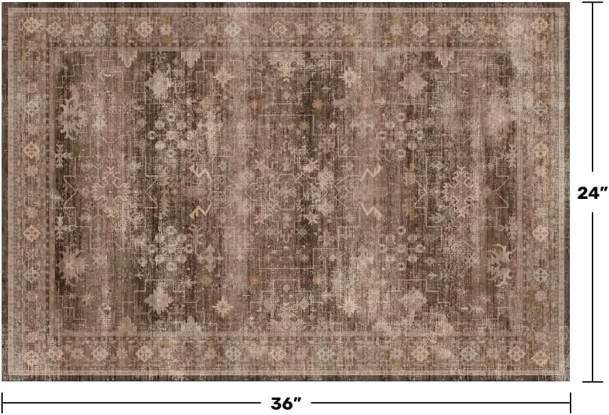 Boho Taupe Brown 2x3 Entryway Rug - Modern Vintage Traditional Eclectic Oriental Neutral, Washable Low Pile Non-Slip Small Throw Area Rugs for Door Mat Indoor Entrance, Kitchen, Bathroom