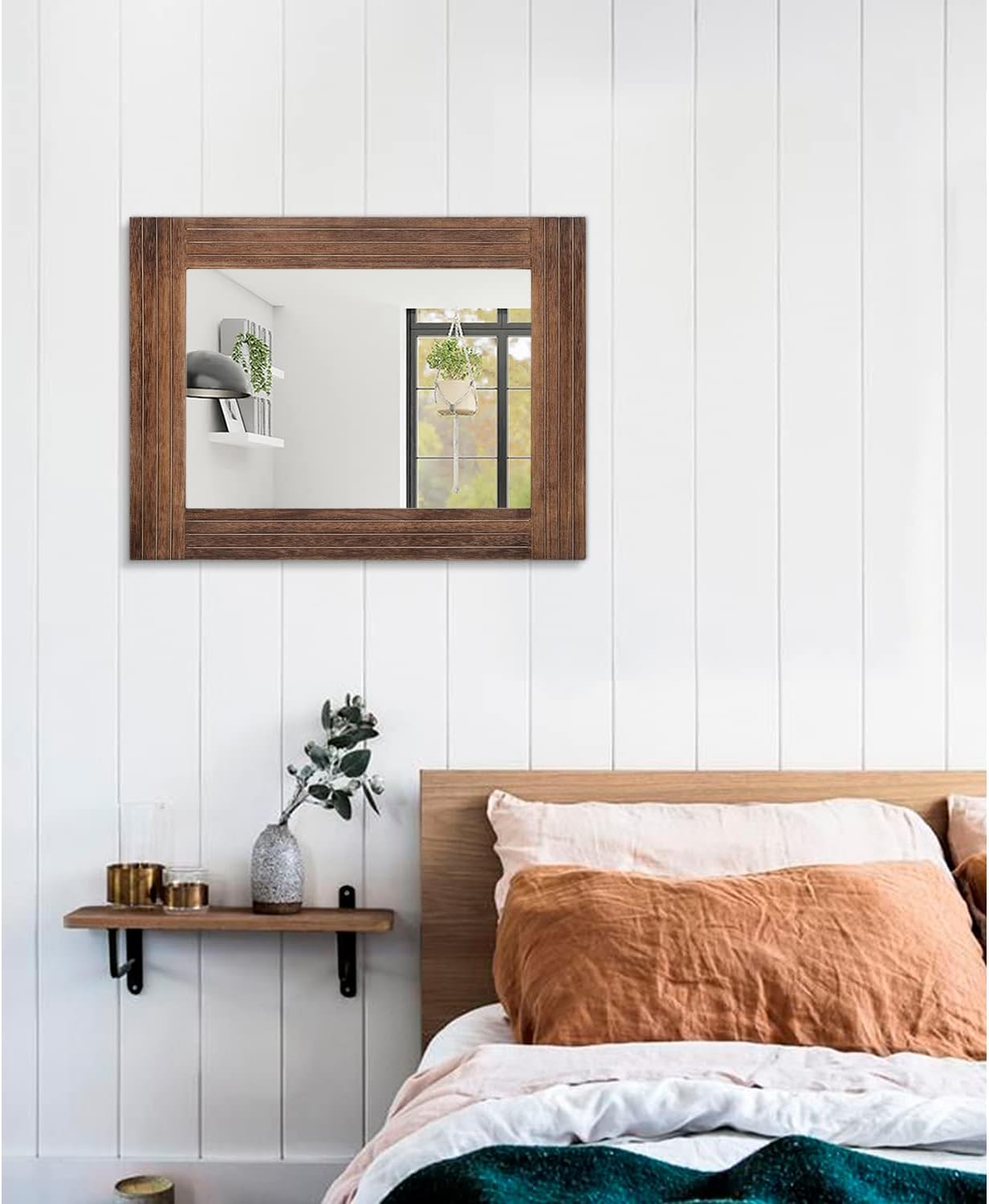 Wood Mirror Rectangular Framed Rustic Vintage Mirrors Decor Farmhouse Bedroom Bathroom Mirror for Dressing Table Entrance Large 20"x16" Brown