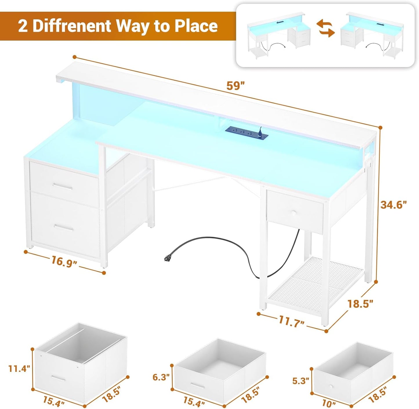 Aheaplus Computer Desk with 3 Drawers, Home Office Desk with File Drawer & Power Outlet, 59'' Gaming Desk with Led Lights, Long Work Desk with Storage Shelves, Printer Cabinet and Monitor Shelf, White