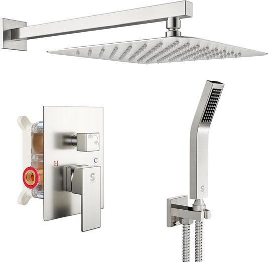 SR SUN RISE 12 Inches Bathroom Luxury Rain Mixer Shower Combo Set Wall Mounted Rainfall Shower Head System Brushed Nickel Finish Shower Faucet Rough-In