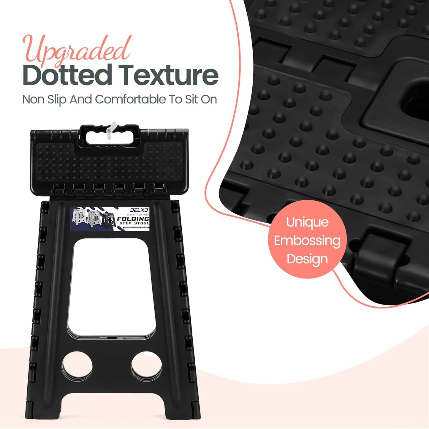 Delxo Folding Step Stool 17.5 Inch Non-Slip Foldable Stools Up to 300 LBS Kitchen Collapsible Fold Up Stepping Stool with Dotted 1 Pack Black