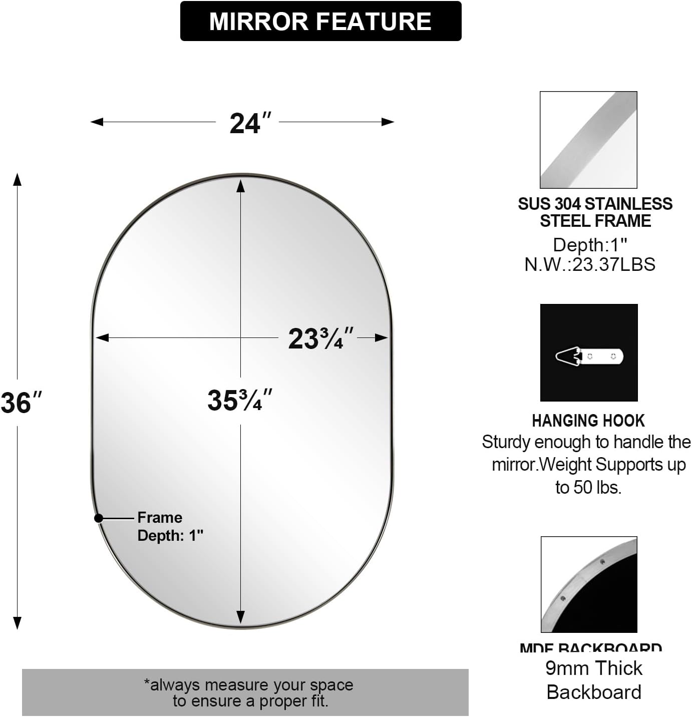 ANDY STAR Brushed Nickel Oval Bathroom Mirror, 24x36 Nickel Pill-Shaped Mirror, Oval Mirrors Wall-Mounted Mirror Vertical/Horizontal