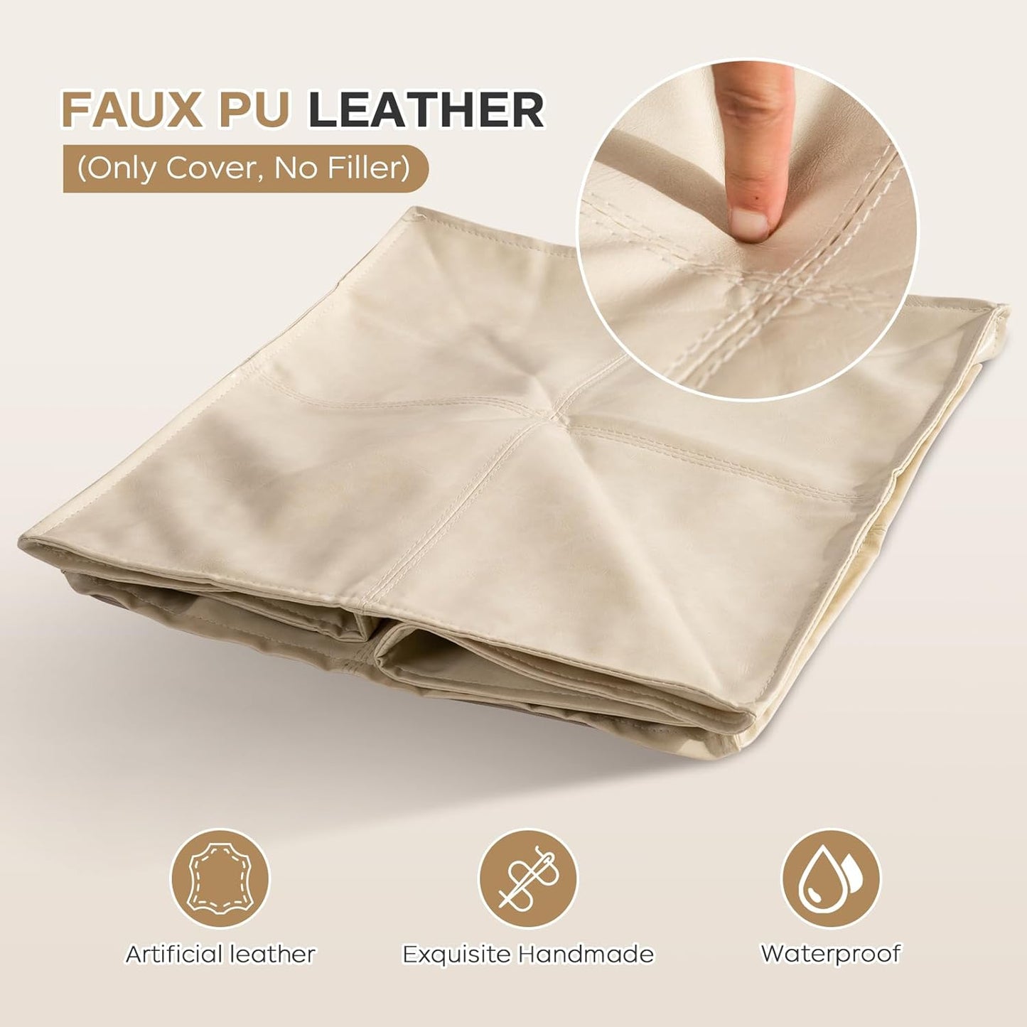 17.7" Square Unstuffed Pouf Ottoman Cover (Only Cover No Filler), Pu Leather Poufs Cube Foot Stool Poofy Ottomans Footrest, Casual Footstool for Living Room, Perfect to Rest Your Feet, Beige