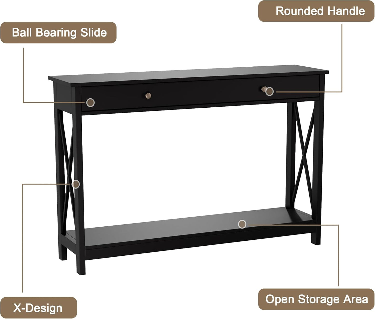 Treocho 47" Farmhouse Console Table with Drawer and Storage Shelves, Foyer Sofa Table Narrow for Entryway, Living Room, Hallway, Black