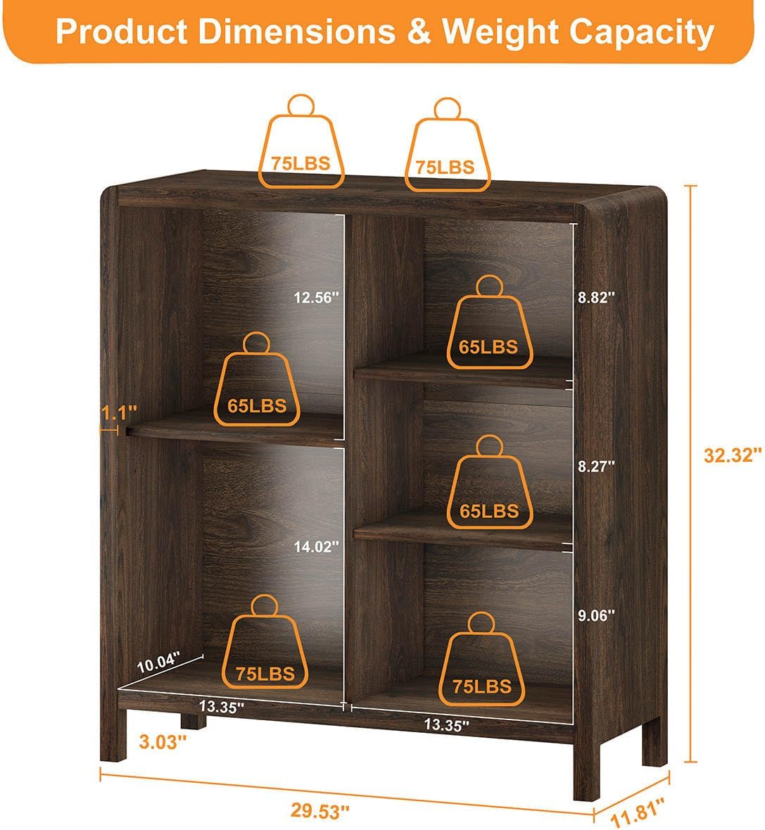 FATORRI 5 Cube Bookshelf, Wood Bookcase with 3 Adjustable Shelves, Farmhouse Cube Storage Organizer Shelf for Small Space Bedroom Living Room (Dark Walnut)