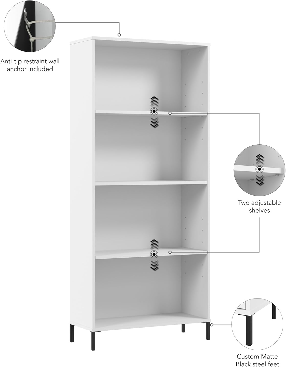 Bush Furniture Essence 4 Shelf Bookcase in White | Organizers and Shelves for Home Office Workspace, Living Room, Entryway, Bedroom, and Mudroom