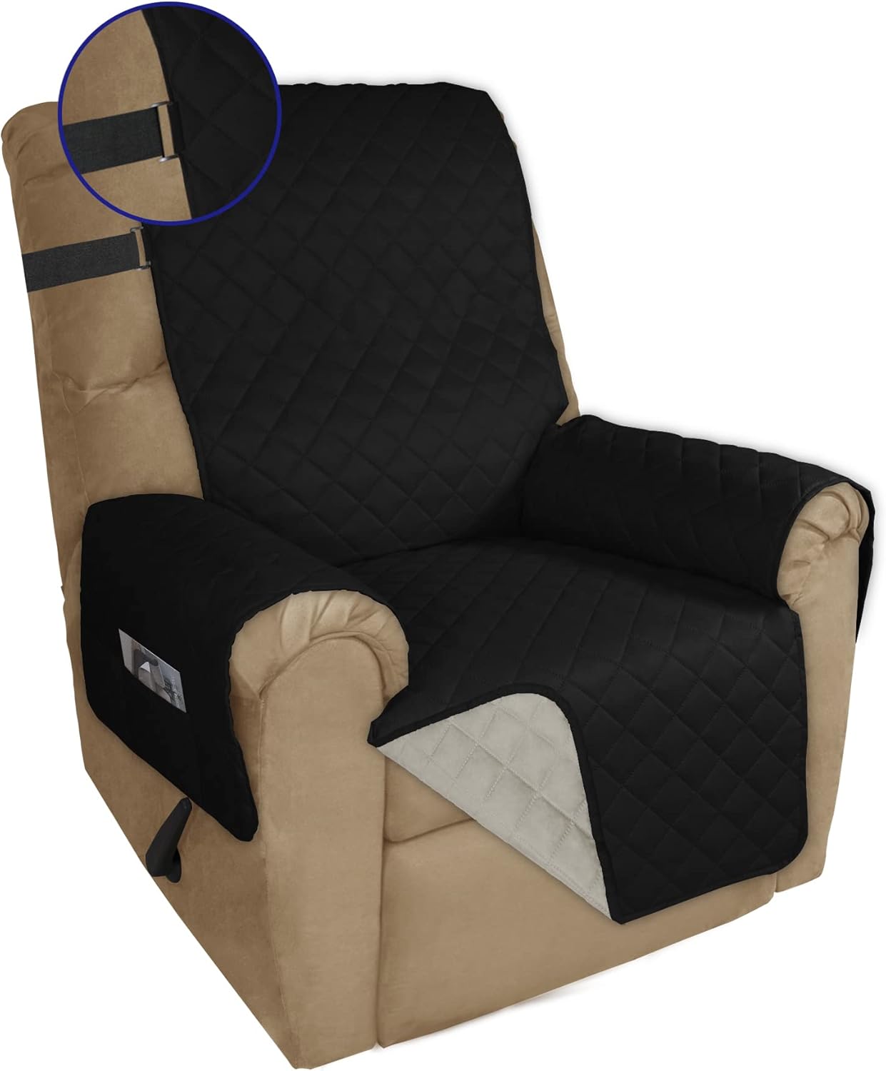 PureFit Reversible Sofa Cover Water Resistant Recliner Couch Cover, Machine Washable Furniture Cover with Adjustable Strap for Dogs, Pets (Recliner, Black/Beige)