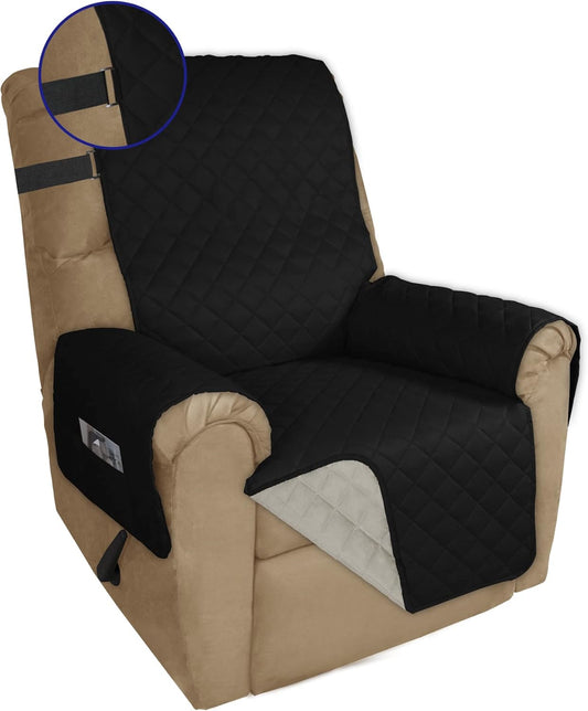 PureFit Reversible Sofa Cover Water Resistant Recliner Couch Cover, Machine Washable Furniture Cover with Adjustable Strap for Dogs, Pets (Recliner, Black/Beige)
