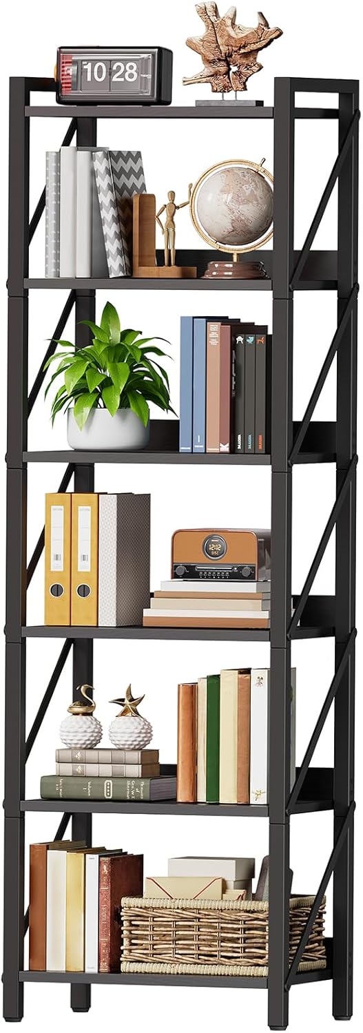 HOOBRO Bookshelf, 6-Tier Industrial Bookcase, Book Shelf Storage Organizer, Tall Bookshelf with Metal Frame for Living Room, Bedroom, Home Office, Kitchen, Black BB72SJ01