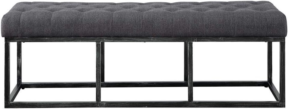 24KF Upholstered Tufted Long Bench with Metal Frame Leg, Linen Bench Ottoman with Padded Seat-Dark Gray