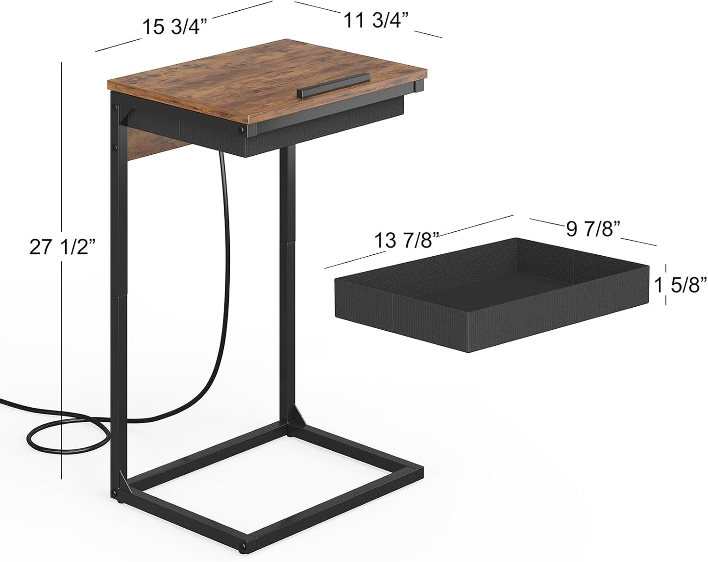 C Shaped End Table with Charging Station, 45° Tiltable Adjustable Flip Top Table with Storage,Small C Table for Small Spaces,Slide Under Couch Sofa Bedside Table for Living Room,Rustic Brown