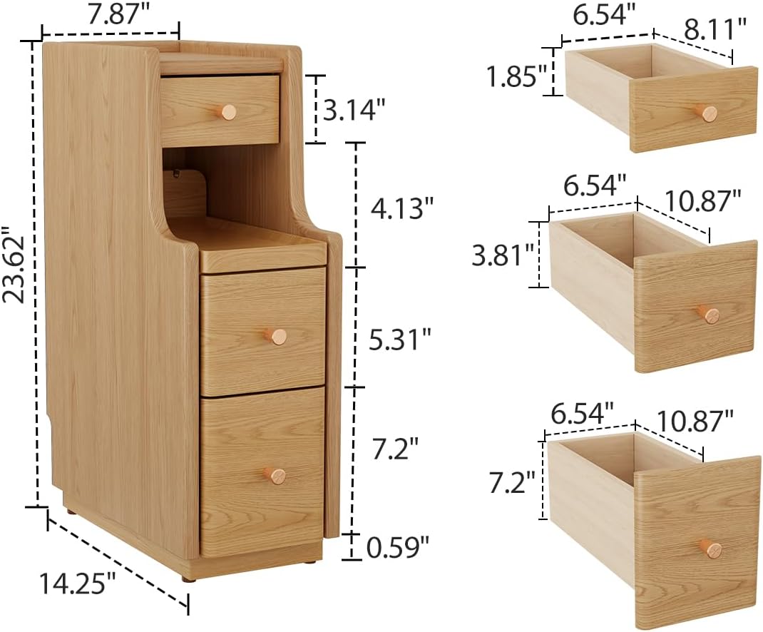 Narrow Nightstand with 3 Drawers,Solid Wood Small Nightstand Natural, Modern Small Bedside Tables for Bedroom(Fully Assembly)