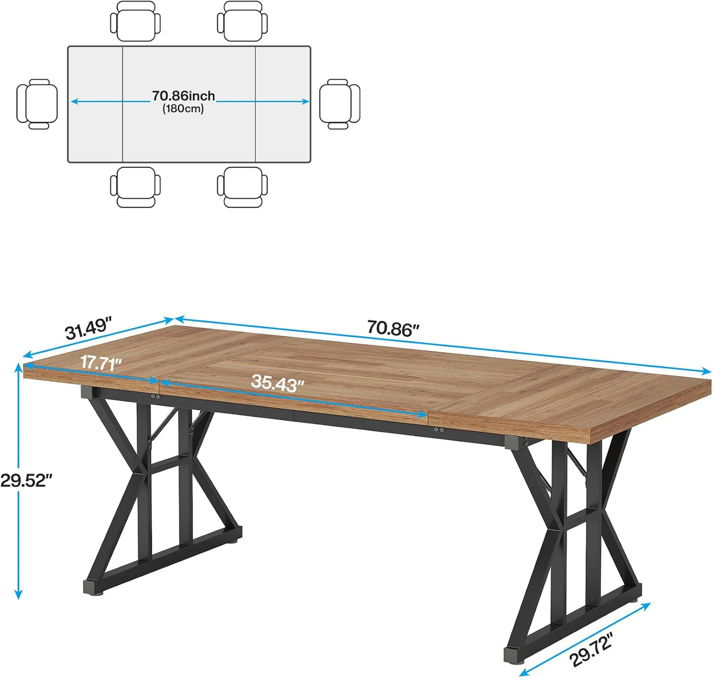 Tribesigns Farmhouse Dining Table for 6 People, 70.8-Inch Rectangular Wood Dining Table, Rustic Kitchen Table with Heavy Duty Metal Legs for Dining Room (Light Brown, 70.8 Inch)