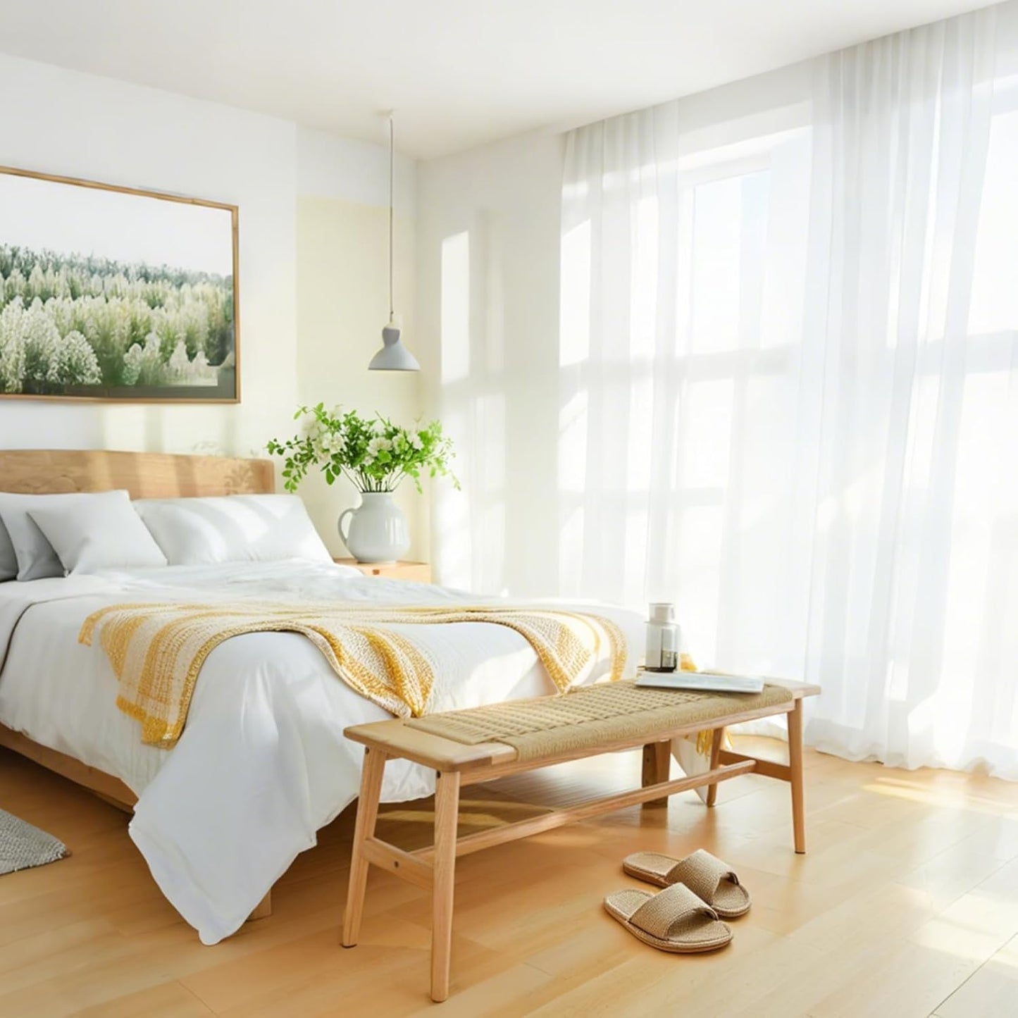 Solid Wood Entryway Bench, Wooden Dining Bench Stool w/Hand-Woven Top, End of Bed Benches for Bedroom Kitchen Dining Living Room & Entry Décor (Natural, 31.49" L)