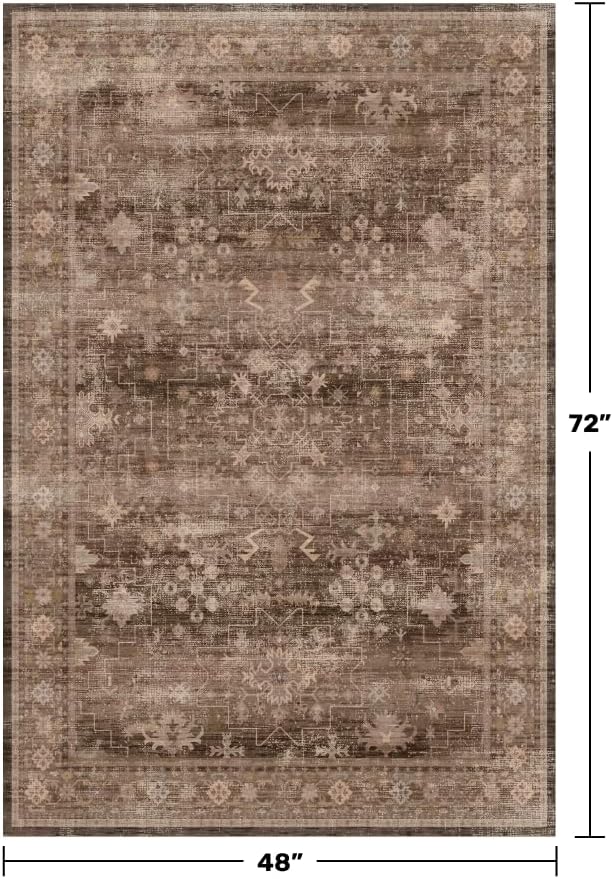 Boho Taupe Brown 4x6 Living Room Rug - Modern Traditional Oriental Neutral, Washable Low Pile Non-Slip Small Area Rugs for Entryway, Bedroom, Foyer, Mudroom