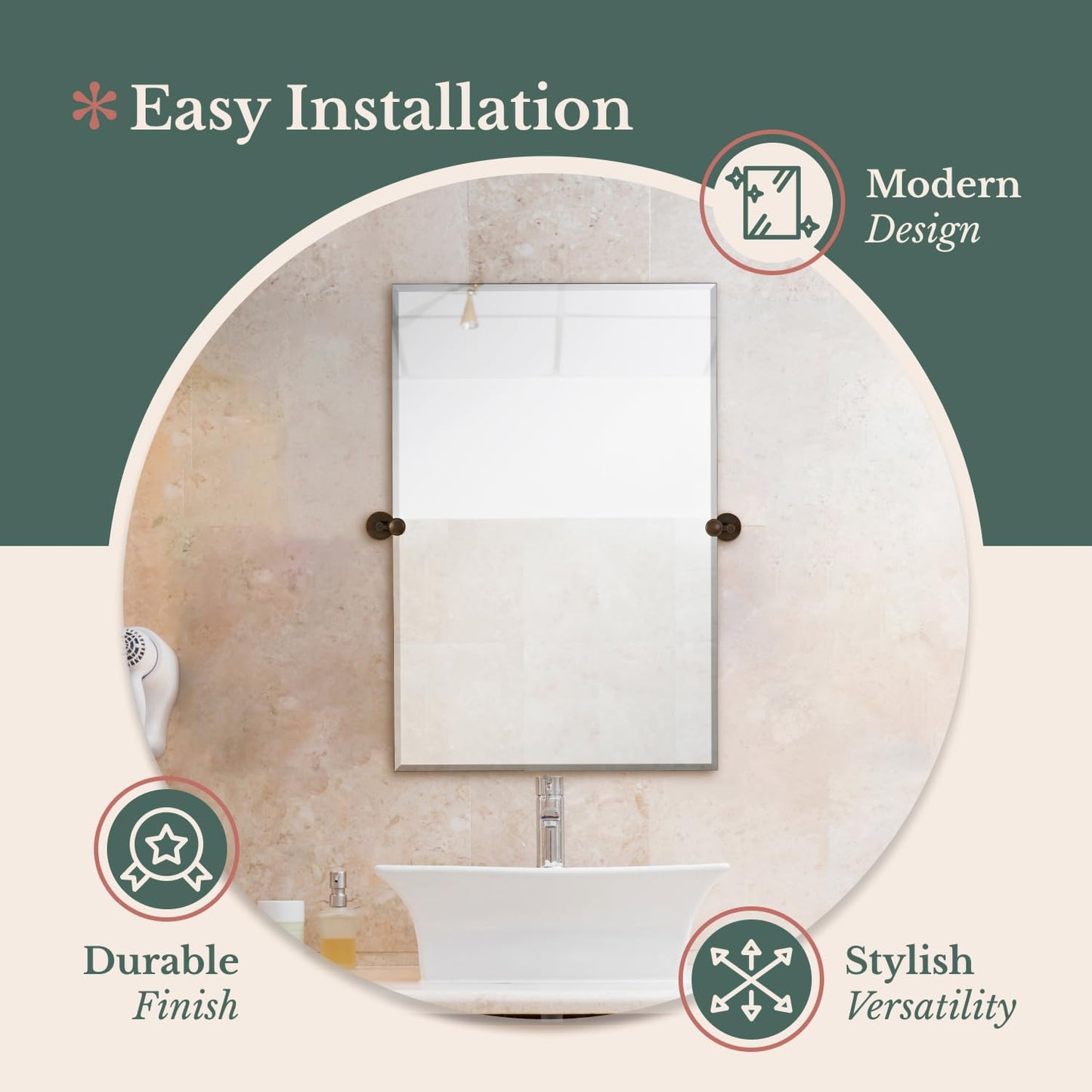 Hamilton Hills 24x36 inch Frameless Pivot Mirrors for Bathrooms with Oil Rubbed Bronze Rounded Wall Brackets | Rectangular Tilting & Farmhouse Wall-Mounted Vanity | Hangs Horizontally and Vertically