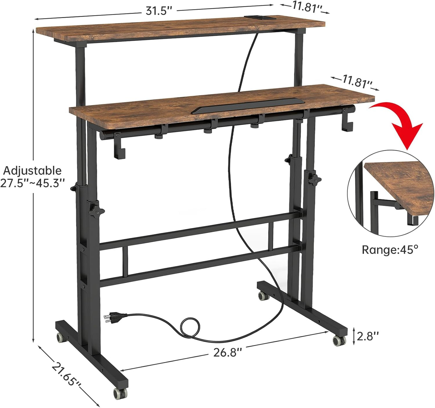 SIDUCAL Mobile Standing Desk with Charging Station, Portable Desk for Walking Pad, Adjustable Computer Workstation with Wheels, Office Table Stand with Tilted Desktop 23.62" D X 31.5" W Rustic Brown