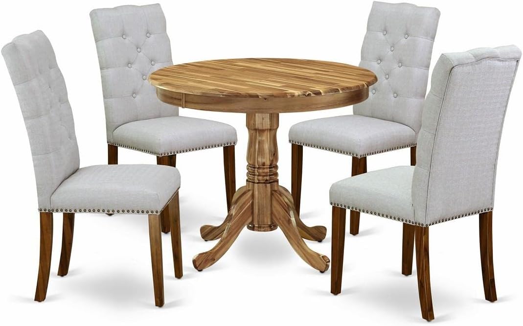 East West Furniture ANEL5-ANA-05 5 Piece Kitchen Table Set for 4 Includes a Round Dining Room Table with Pedestal and 4 Grey Linen Fabric Upholstered Parson Chairs, 36x36 Inch, Natural