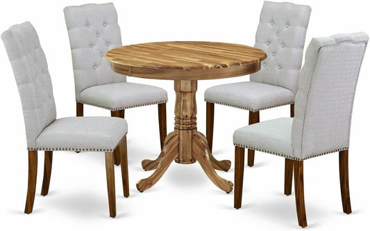 East West Furniture ANEL5-ANA-05 5 Piece Kitchen Table Set for 4 Includes a Round Dining Room Table with Pedestal and 4 Grey Linen Fabric Upholstered Parson Chairs, 36x36 Inch, Natural