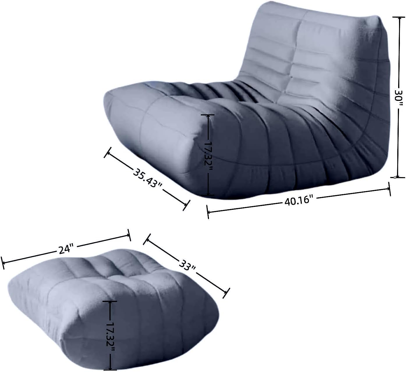 Bean Bag Chair - Memory Foam Bean Bag Chair for Adults, Comfy High-Resilience Single Sofa, Small Space Floor Chair, Chaise Lounge for Living Room, Bedroom (Dark Blue, Wrinkles+Ottoman)