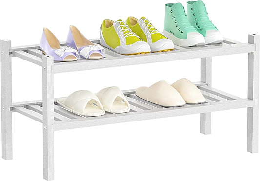 Shoe Rack 2-Tier Organizer-Stackable Storage Shelf with Multi-Function Combinations-Free Standing Bamboo Shoe Racks for Closet,Entryway,Hallway,Bathroom,Living Room Shoe Organization (White, 2-Tier)