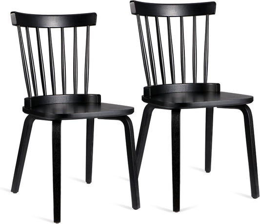 Unovivy Wood Dining Chairs Set of 2, Windsor Farmhouse Spindle Back, Widen Seat, Modern Mid-Century Country Style, for Living Room Restaurant, Black