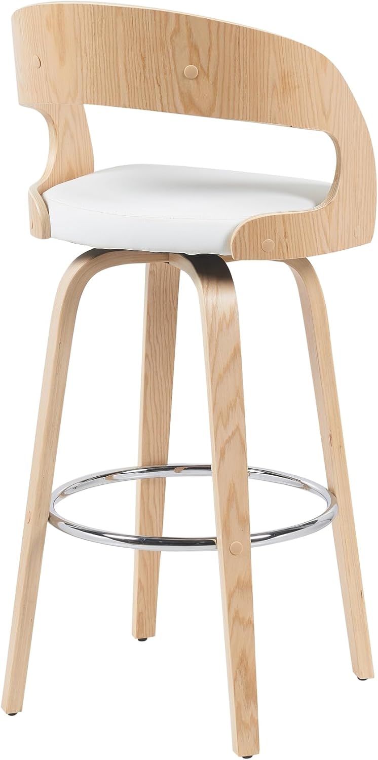 Shelly Modern Bar Height Swivel Stool in Patterned Oak Finish with White Faux Leather Upholstered Seat Set of 4
