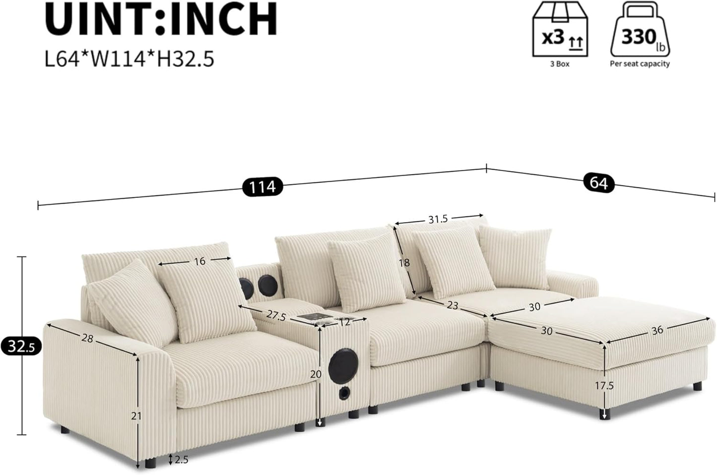 Merax 114 * 64" Corduroy Sectional Couches with Bluetooth Speakers, Storage, Ottoman & Pillows, Upholstered Modular Sofa Chaise with Console, USB Charger, Cup Holders for Living Room Apartment, Cream