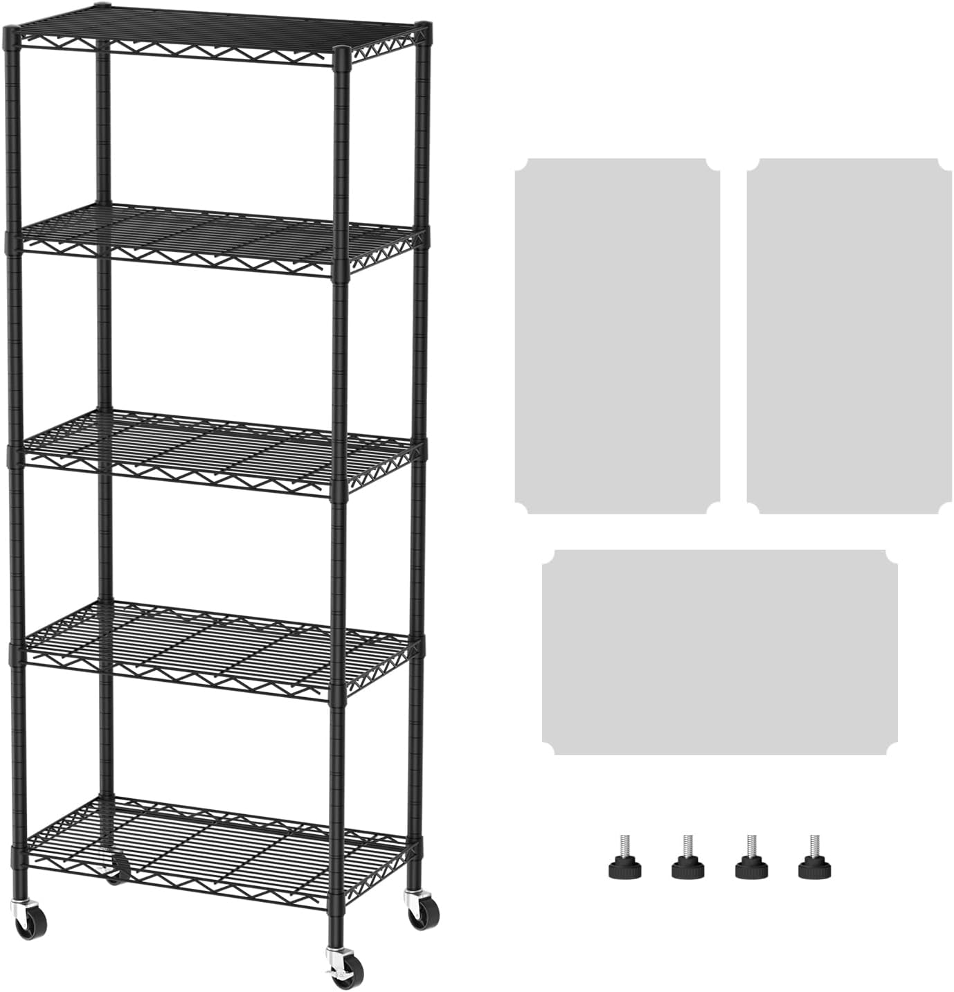 SINGAYE 5 Shelves Storage Shelf Wire Closet Bathroom Organizers Metal Pantry Kitchen Garage Shelving Unit Laundry Room Organization Home Rack Net Basket Black with Wheels