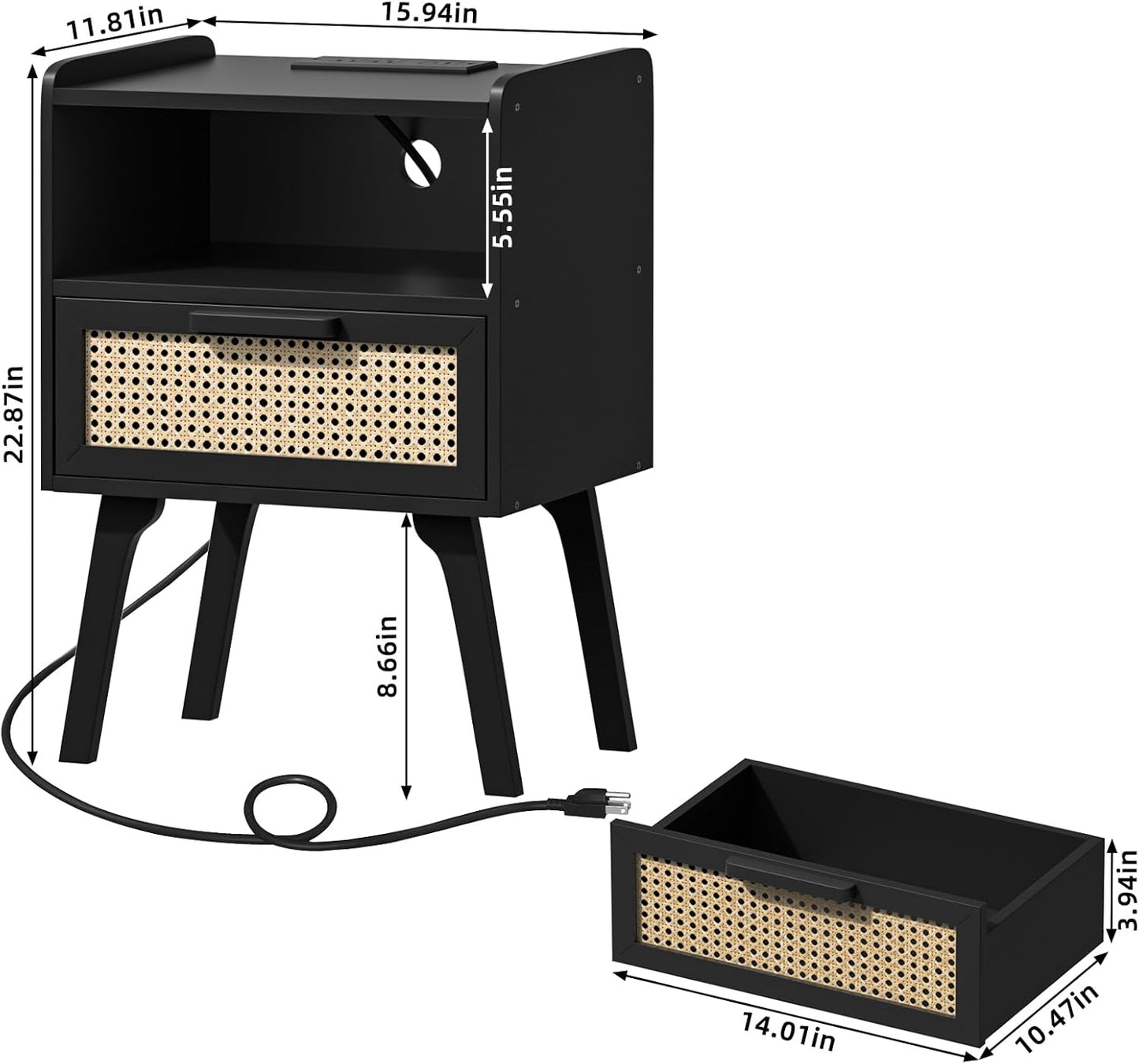 Lerliuo Rattan Nightstand with Charging Station, Black Bedside Table with Drawer Open Shelf, Cane Accent Side End Table with Solid Wood Legs, Night Stand for Bedroom, Dorm and Small Spaces