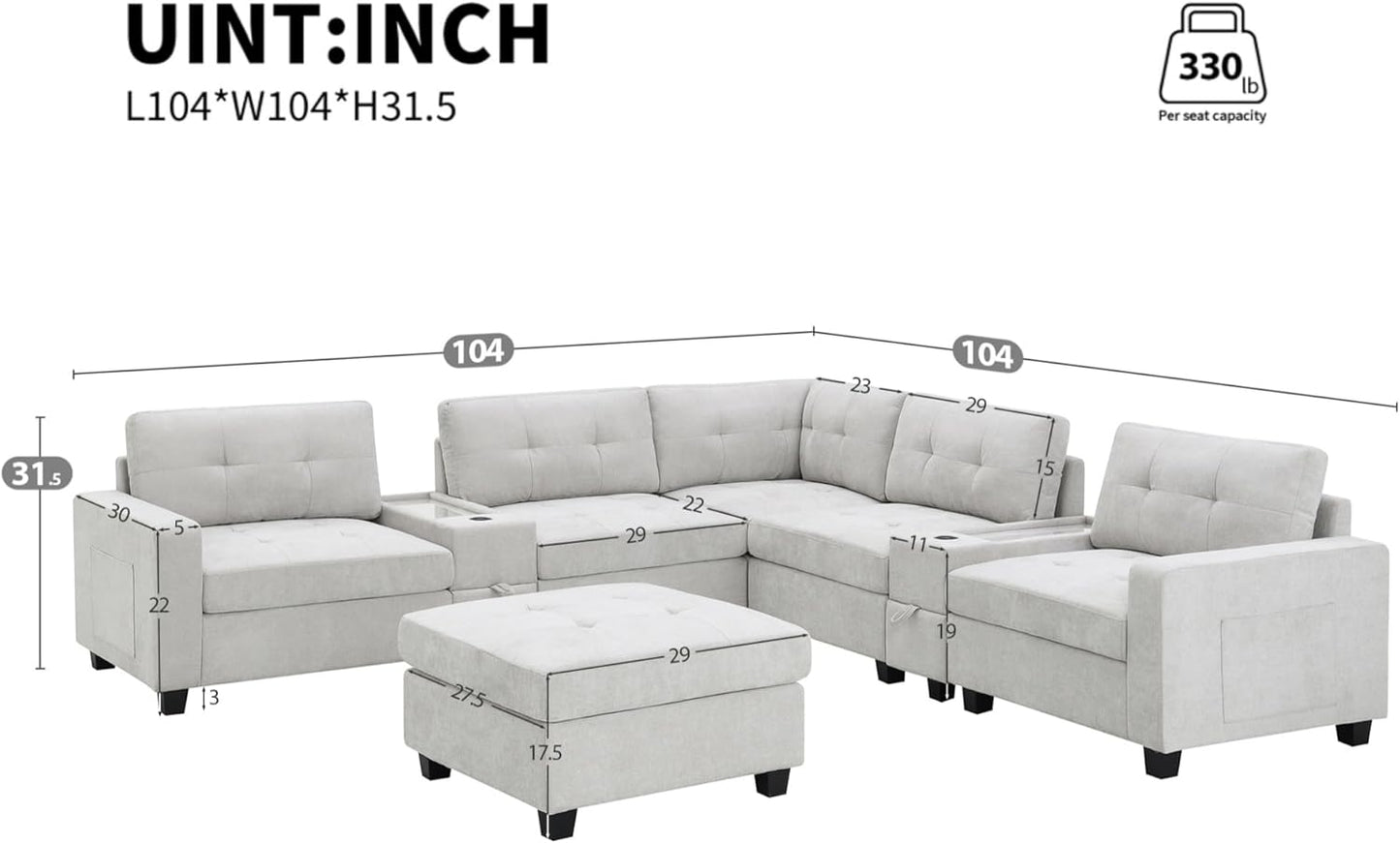 Merax 104 * 104" Chenille Sectional Couches with 2 Acrylic Consoles, Upholstered Modular Tufted Sofa Chaise with Ottoman, Storage Drawers, Pockets, USB Charger & Cup Holders for Living Room Apartment