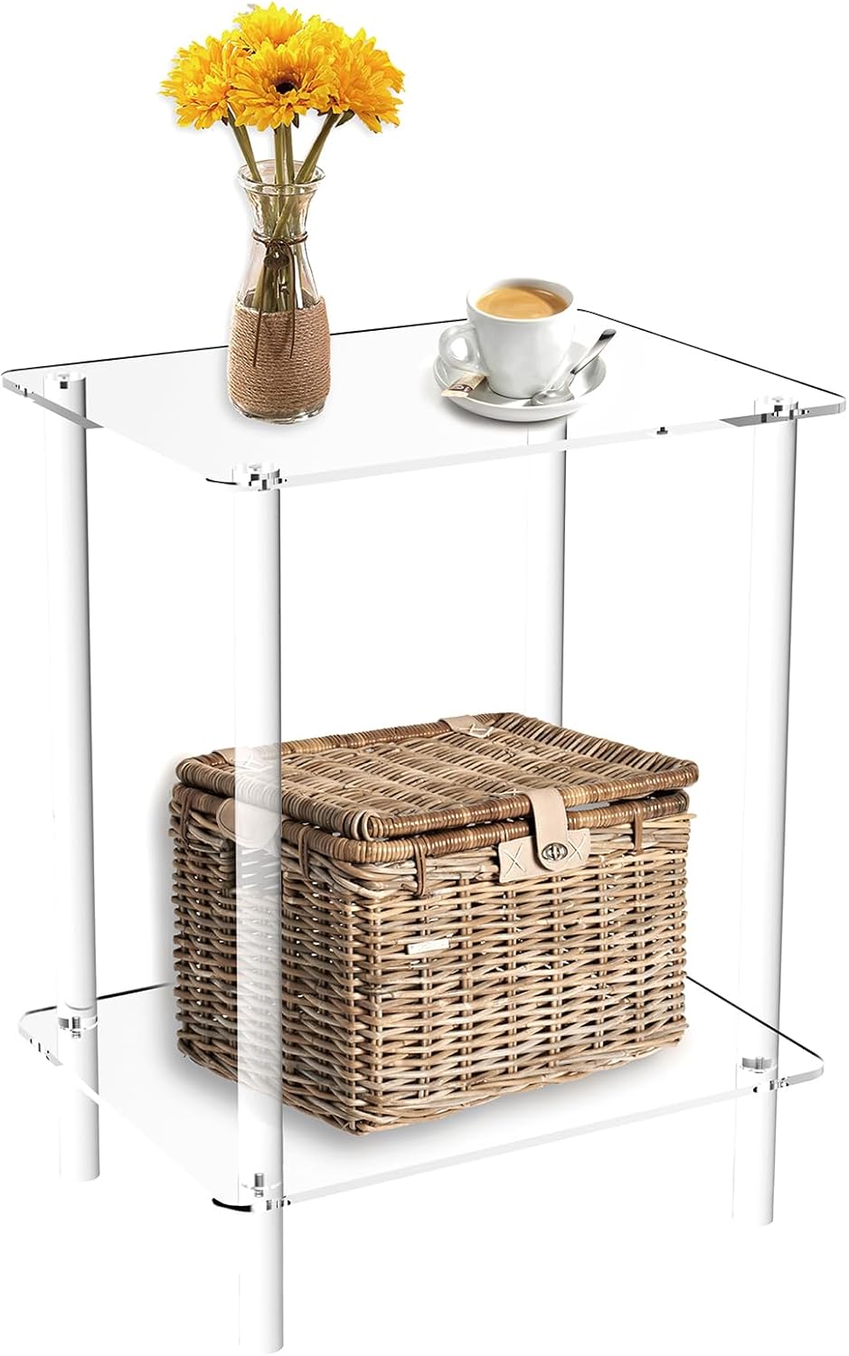 Clear Acrylic End Table, 2-Tier Modern Side Table for Living Room, Bedroom, Office or Showroom, Small Coffee Table & Bedside Nightstand, Decorative Accent Table for Home Decor