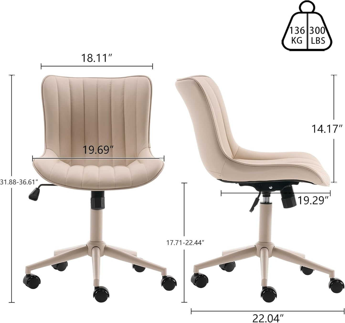 YOUNIKE Cream Home Office Desk Chair with Wheels Armless Compact Comfy Vanity Chair with Adjustable Back Modern Small Leather Upholstered Rolling Swivel Cute Computer Task Sewing Chair No Arms