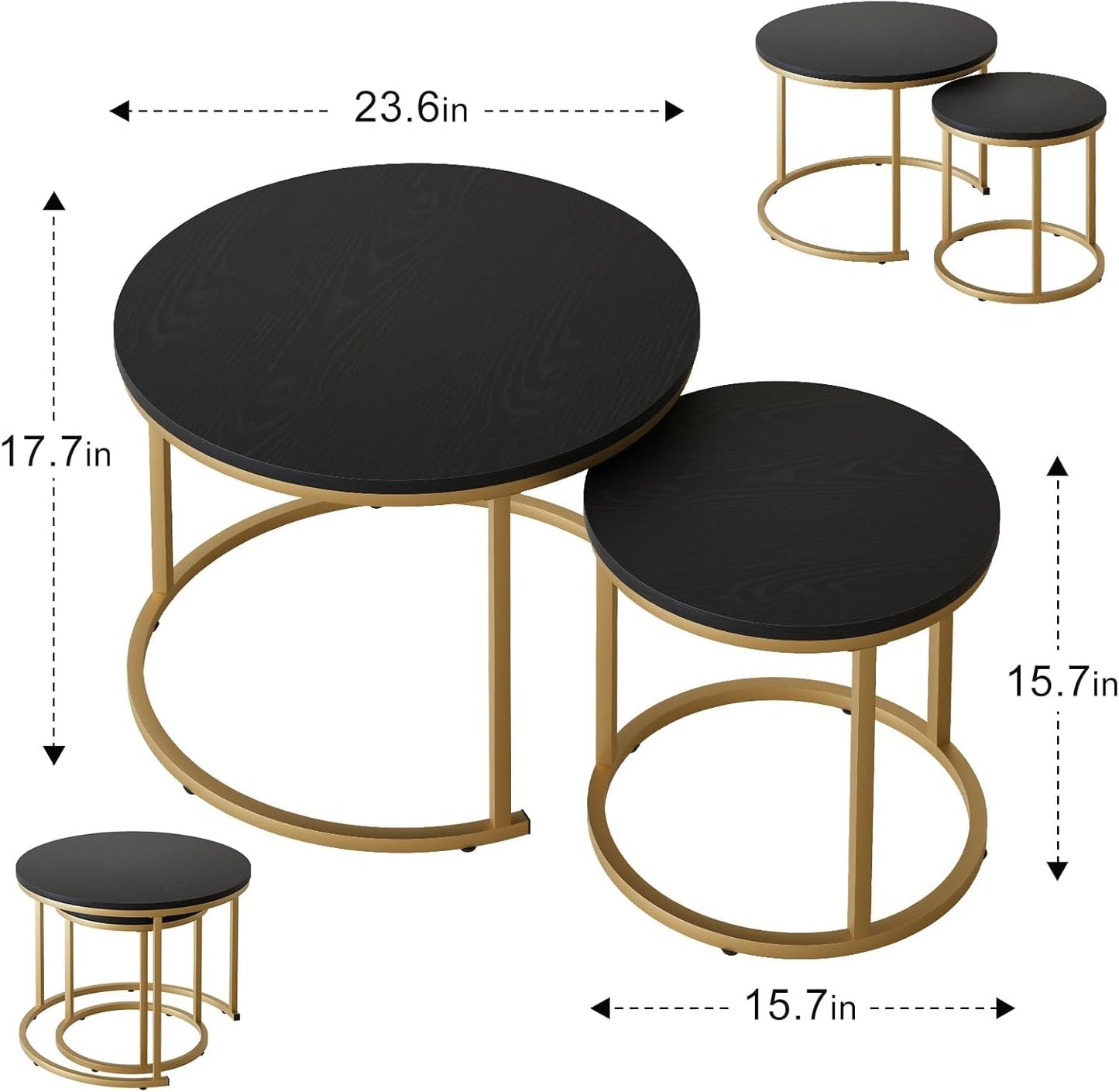 Garden 4 you Nesting Coffee Table, 23.6" Round Coffee Table Set of 2, Wooden Nesting Table Set with Metal Frame, Side Tables for Living Room Bedroom Balcony, Black